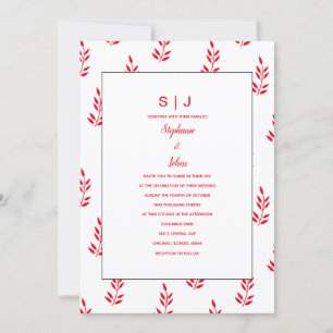 Leaf Muster Red White Monogram Name Wedding Einladung