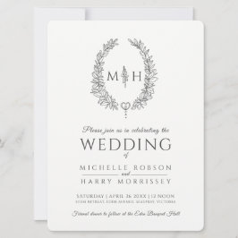 Leaf oval line Art Hochzeit dunkelgrau und weiß Einladung