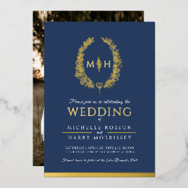 Leaf oval line Art Hochzeit Foto dunkelblau Gold Folieneinladung