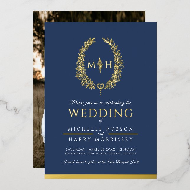 Leaf oval line Art Hochzeit Foto dunkelblau Gold Folieneinladung (Vorderseite/Rückseite)