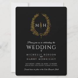 Leaf oval line Art Hochzeit Gold Schwarz-Weiß Einladung