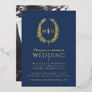 Leaf oval line Art Hochzeitsnacht blau-weiß Folieneinladung