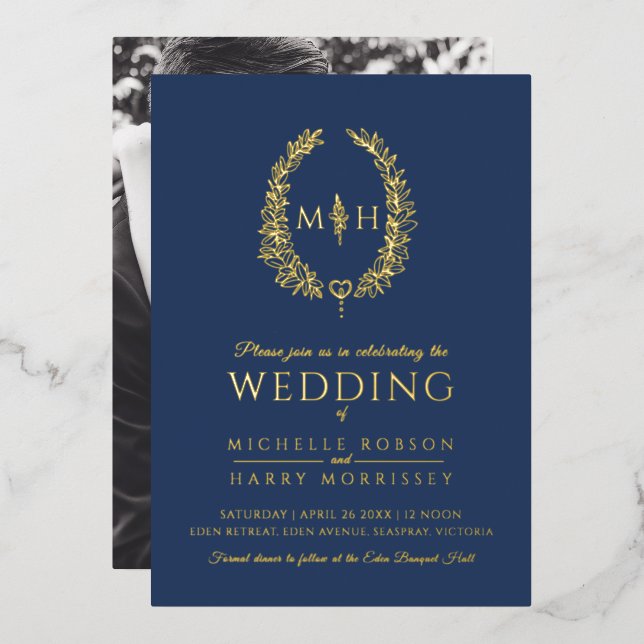 Leaf oval line Art Hochzeitsnacht blau-weiß Folieneinladung (Vorderseite/Rückseite)