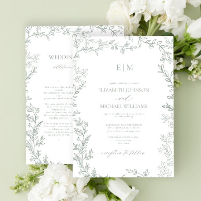 Leaf Sage Green Elegant Monogram Details Hochzeit Einladung (Von Creator hochgeladen)