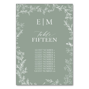 Leaf Sage Green Elegant Monogram Tischnummer