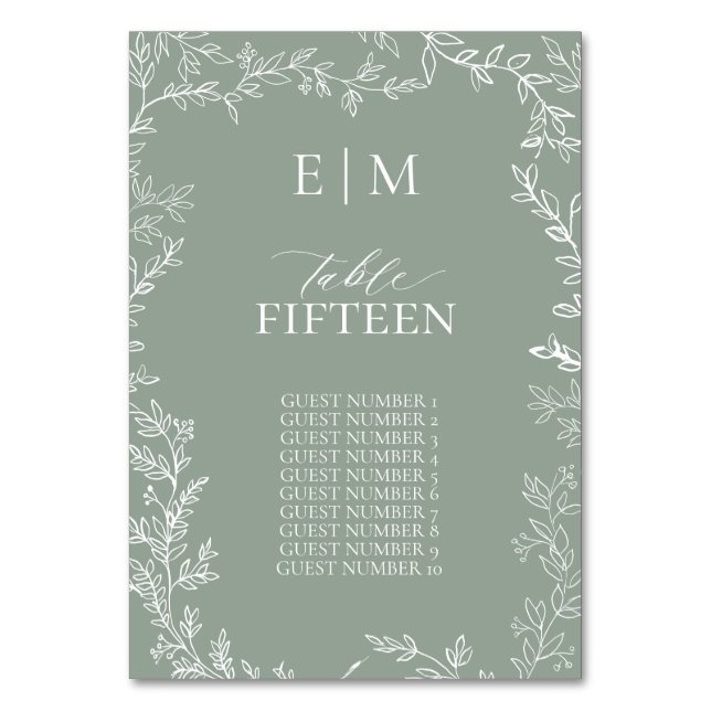 Leaf Sage Green Elegant Monogram Tischnummer (Vorderseite)