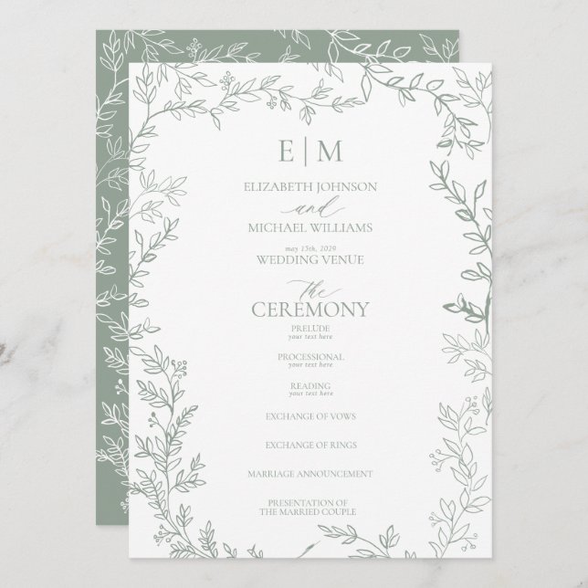 Leaf Sage Green Elegant Monogram Wedding Programm (Vorne/Hinten)