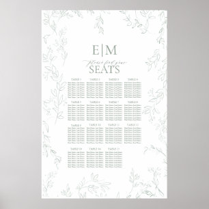Leaf Sage Green elegante Monogram Wedding Seating Poster