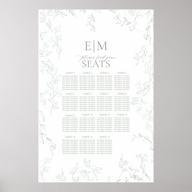 Leaf Sage Green elegante Monogram Wedding Seating Poster (Vorne)