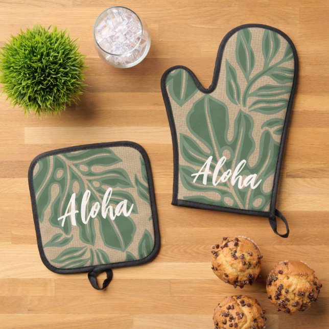 Leaf Tiki sage Green Hawaiian Tropical Ofenhandschuh & Topflappen-Set (Oben Unten)