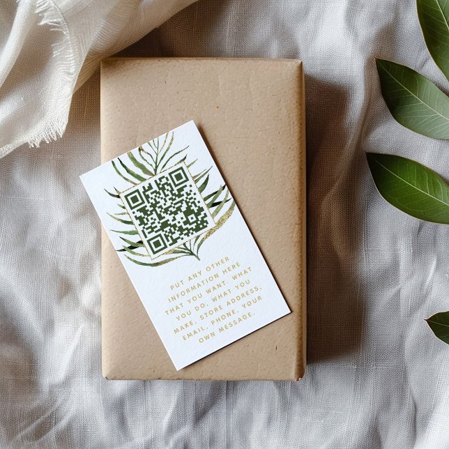 Leaf und QR Code Insert Card für Kundenbestellunge (Customer order insert card with a green and gold palm leaf with qr code inside and message below)