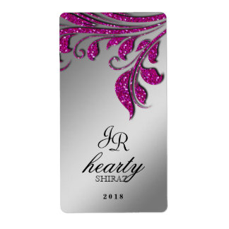 Leaf Wedding Wine Label Sparkle Pink Silver