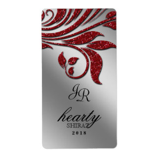 Leaf Wedding Wine Label Sparkle Red Silver