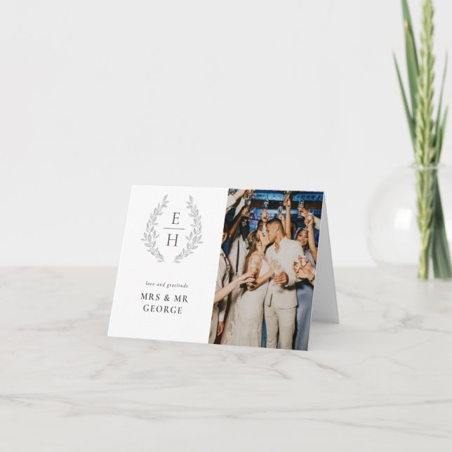 Leaf Wreath Monogram Foto Wedding Dankeskarte (Vorderseite)