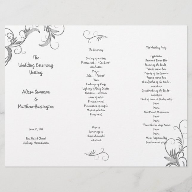 Leafy Blüh White Tri-Fold Hochzeitsprogramm (Vorderseite)