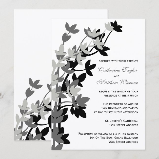Leafy Elegance in Silver Black Wedding Einladung (Vorne/Hinten)