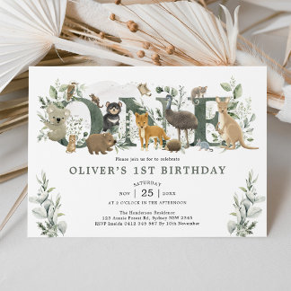 Leafy Eucalyptus Australian Animals 1st Birthday Einladung
