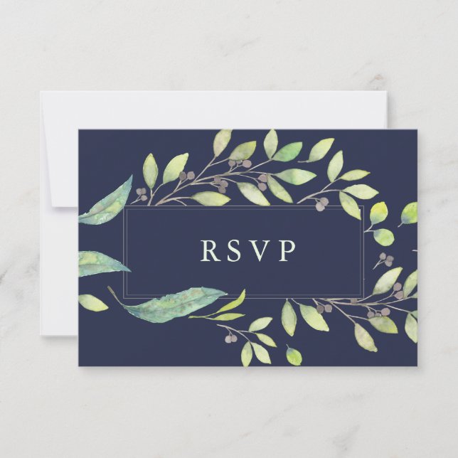 Leafy Green | Dark Blue Watercolor Wedding RSVP Karte (Vorderseite)