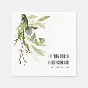 LEAFY GREEN GOLD FOLIAGE BUNCH WATERCOLOR WEDD SERVIETTE