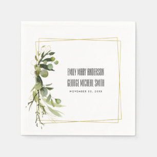 LEAFY GREEN GOLD FOLIAGE WREATH WATERCOLOR WEDD SERVIETTE