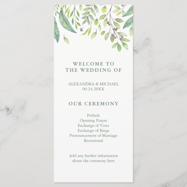 Leafy Green | Trendy Watercolor Wedding Program Programm (Vorderseite)