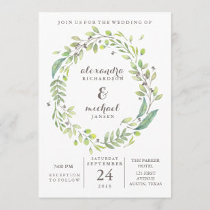 Leafy Green Trendy Watercolor Wreath Wedding Einladung