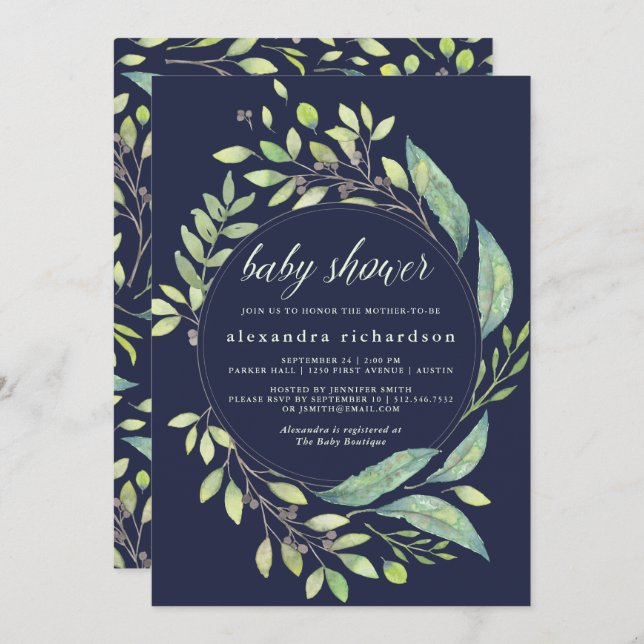 Leafy Green Watercolor Baby Shower Dark Blue Einladung (Vorne/Hinten)