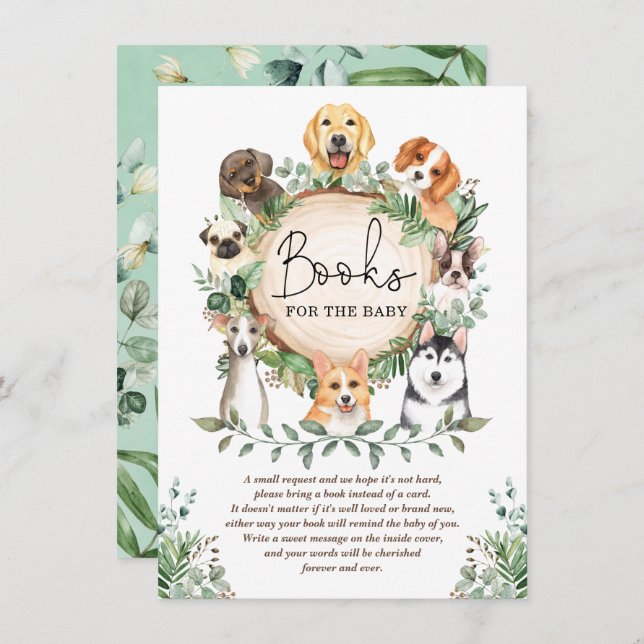 Leafy Greenery Puppy Dog Books for Baby Shower Begleitkarte (Vorne/Hinten)