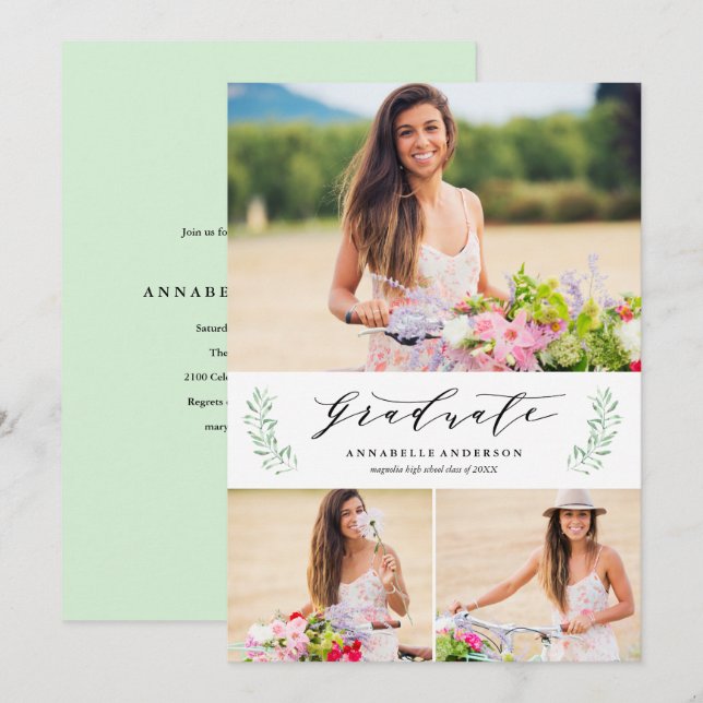 Leafy Laurels Graduation Party Foto Einladung (Vorne/Hinten)