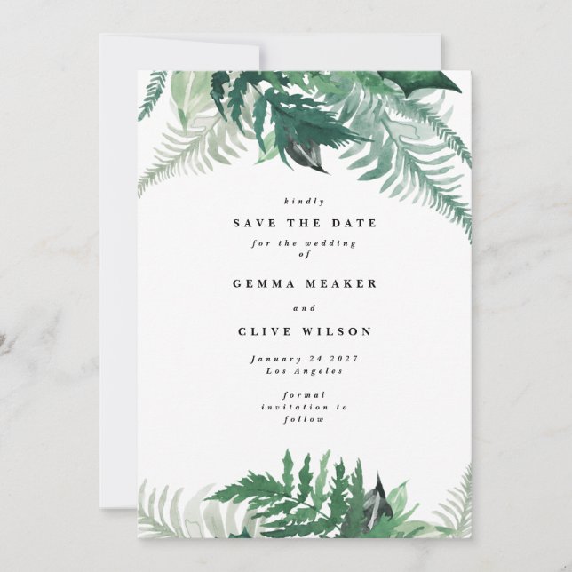 Leafy Modern Watercolor Foto Save the Date (Vorderseite)