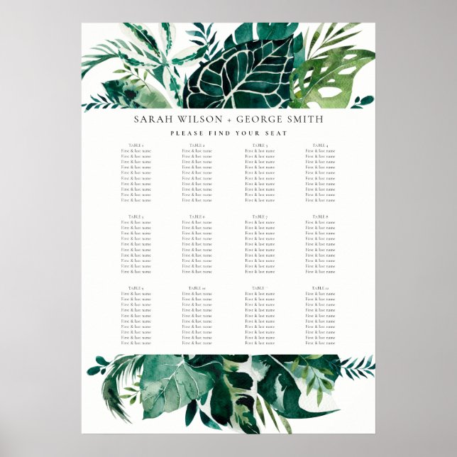 Leafy Monstera Green Fauna Hochzeitstabelle Poster (Vorne)
