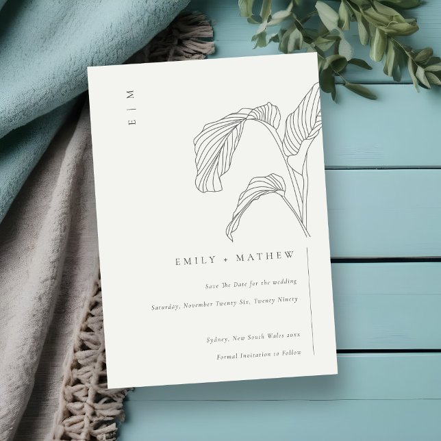 Leafy Palm Sketch Schwarz-Weiß Hochzeit Save The Date (Von Creator hochgeladen)