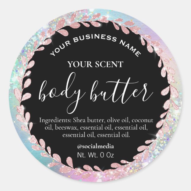 Leafy Pastel Pink Blue Glitzer Body Butter Labels Runder Aufkleber (Vorderseite)