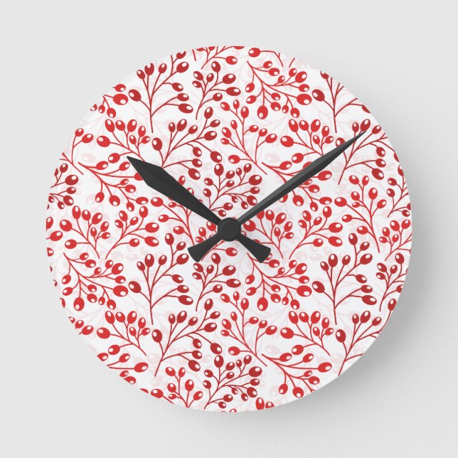 Leafy Red Pattern Moderne Elegante Berries Runde Wanduhr (Vorderseite)