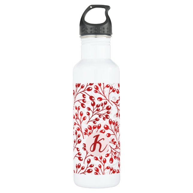 Leafy Red Pattern Moderne Elegante Mit Monogramm Edelstahlflasche (Vorderseite)