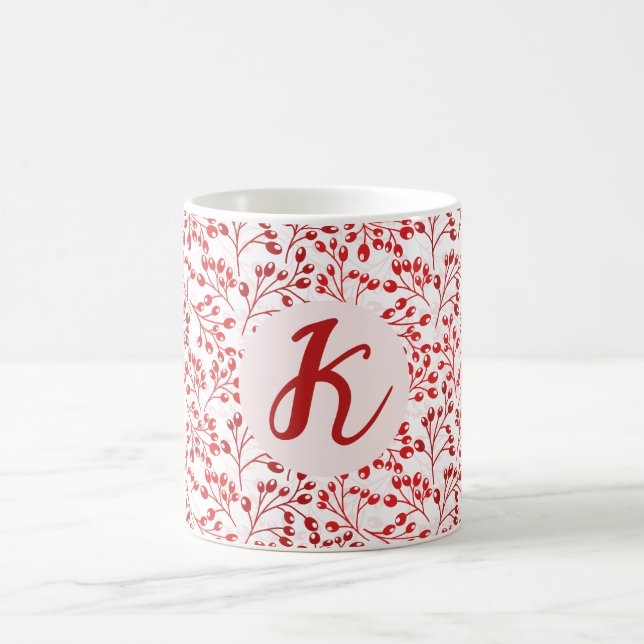 Leafy Red Pattern Moderne Elegante Mit Monogramm Kaffeetasse (Mittel)