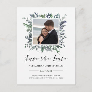 Leafy Watercolor Save the Date mit Foto Ankündigungspostkarte