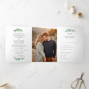 Leafy Watercolor und Imitats Rose Gold Hochzeit Fo Dreifach Gefaltete Einladung