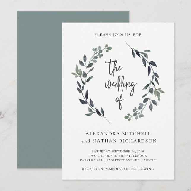 Leafy Watercolor Wreath | Hochzeit Einladung (Vorne/Hinten)