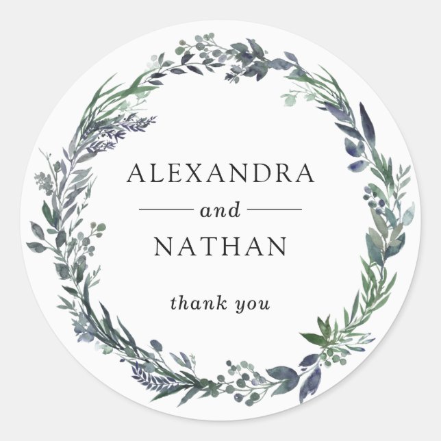 Leafy Watercolor Wreath | Hochzeit Runder Aufkleber (Vorderseite)
