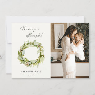 Leafy Winter Wreath Merry & Bright Christmas Foto Feiertagskarte