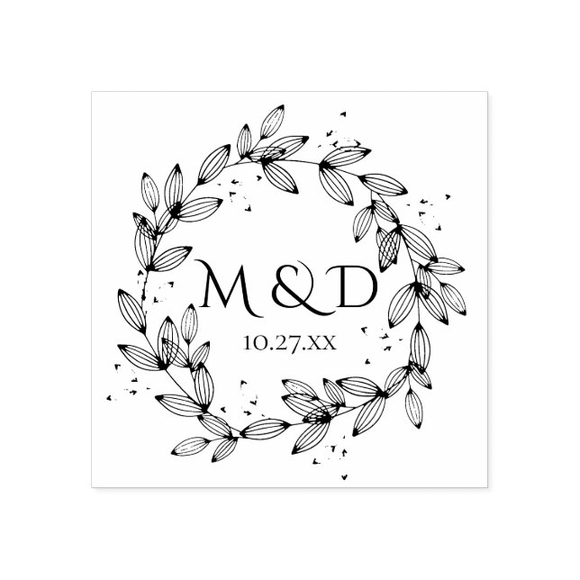 Leafy Wreath Monogram Wedding Gummistempel (Prägung)