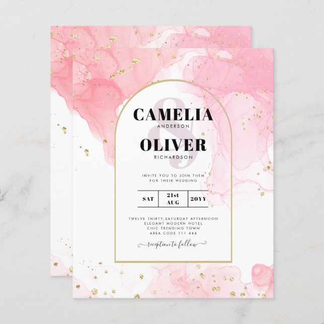 Leah G PINK GOLD INK Abstrakt Wedding INVITE (Vorne/Hinten)