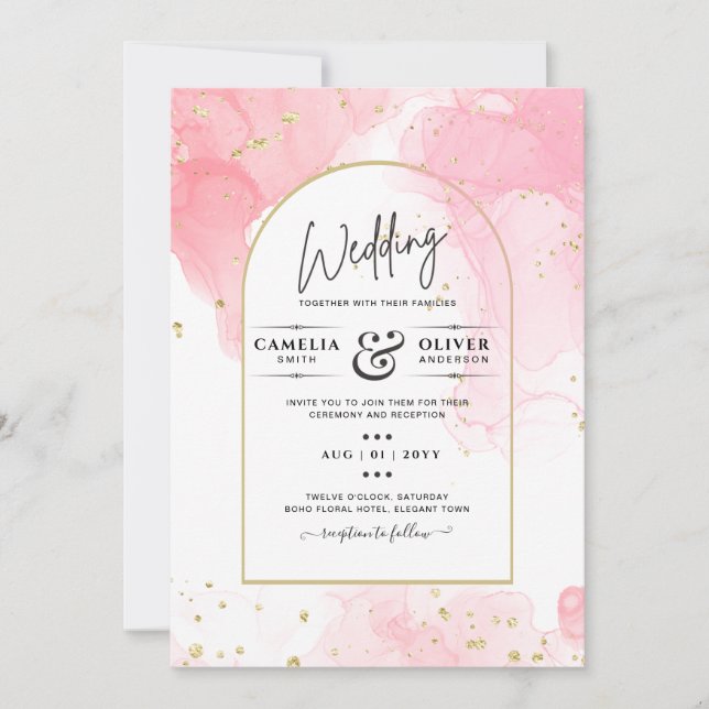 Leah G PINK GOLD INK Abstrakt Wedding INVITE Einladung (Vorderseite)