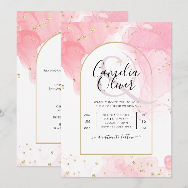 Leah G PINK GOLD INK Abstrakt Wedding INVITE Einladung (Vorne/Hinten)