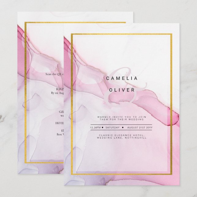 Leah G PINK Lila Tinte Abstrakt Wedding INVITE Einladung (Vorne/Hinten)