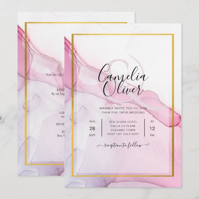 Leah G PINK Lila Tinte Abstrakt Wedding INVITE Einladung (Vorne/Hinten)
