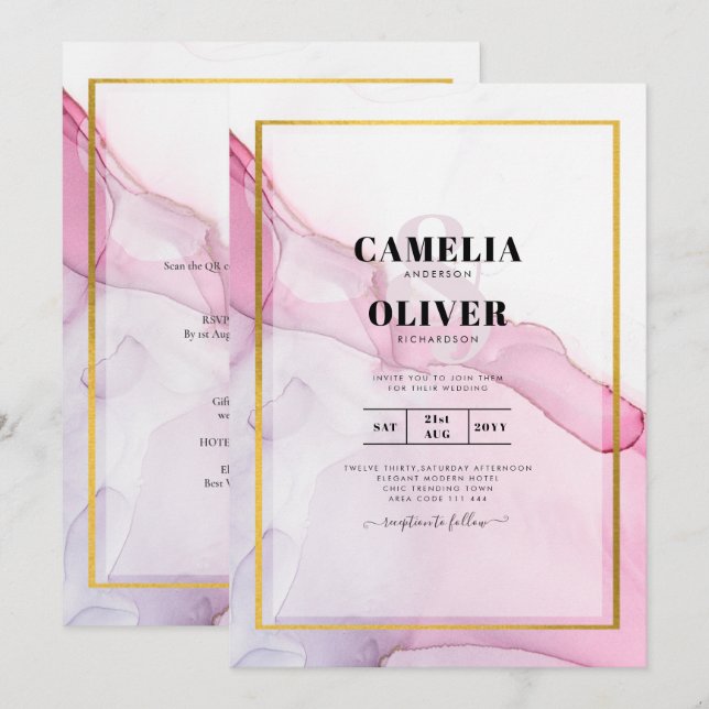 Leah G PINK Lila Tinte Abstrakt Wedding INVITE Einladung (Vorne/Hinten)