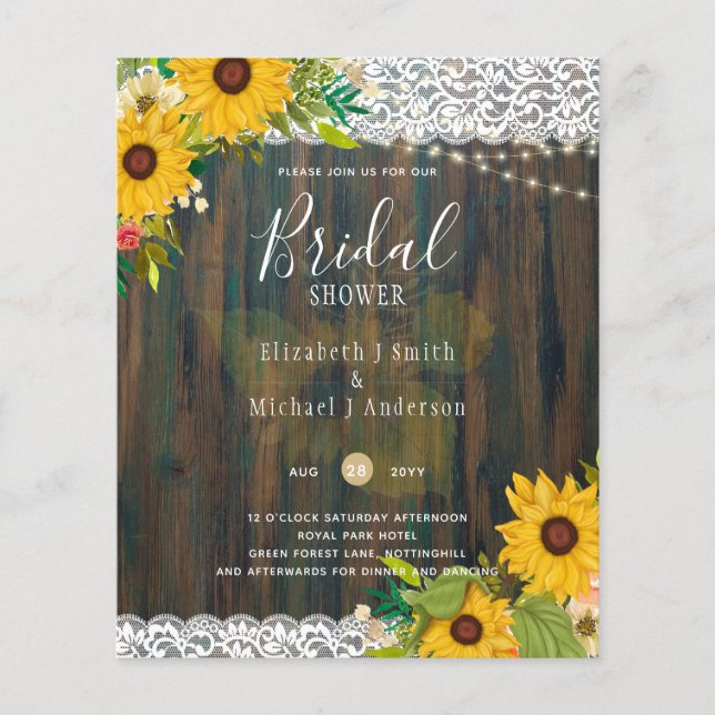 Leah G Rustic Sunflowers Spitzen Brautparty Einlad Flyer (Vorne)