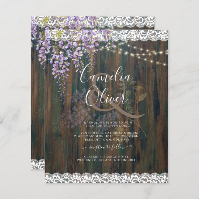Leah G Rustic WISTERIA Lace Floral Wedding INVITE (Vorne/Hinten)
